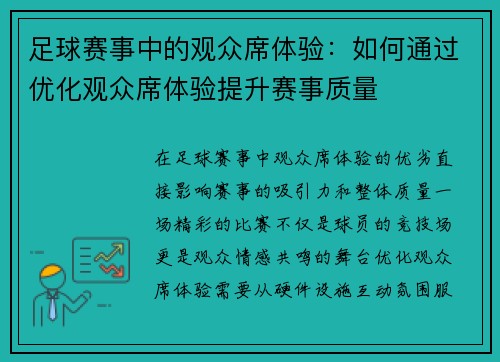 足球赛事中的观众席体验：如何通过优化观众席体验提升赛事质量
