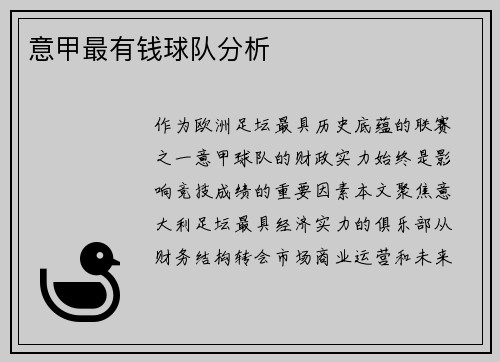 意甲最有钱球队分析