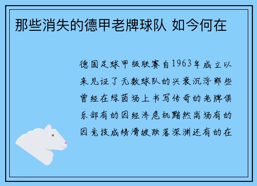 那些消失的德甲老牌球队 如今何在